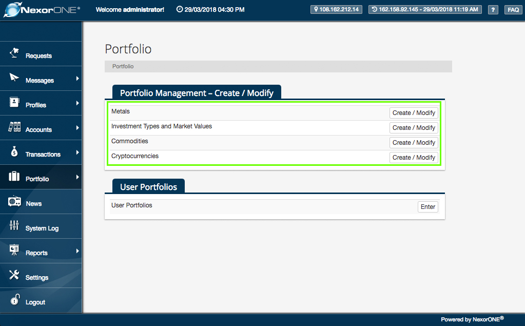 Under 'Portfolio Management' title Select which type of portfolio you would like to create from the list Click on the 'Enter' button