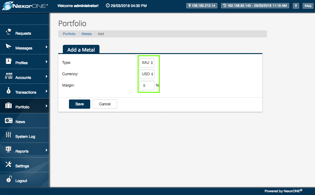 ... Select the type, currency and margin 