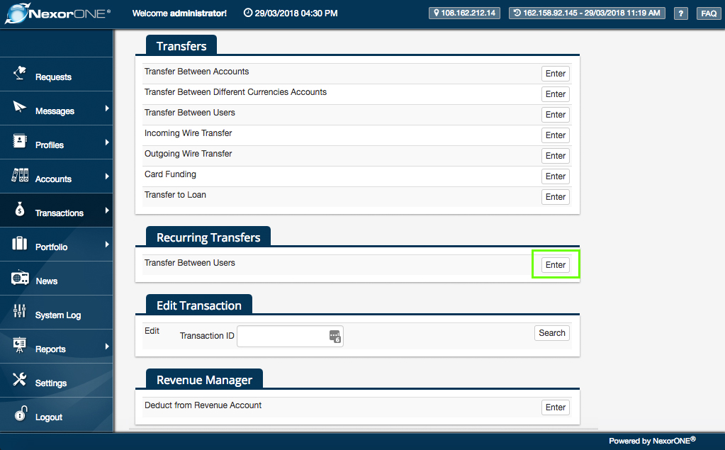 Scroll down until 'Recurring Transfers'. ... Click   the  'Enter' button at the end of the line 'Transfers Between Users' 