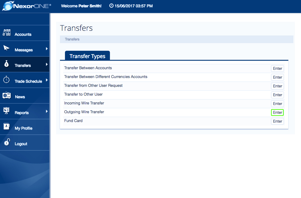... Under 'Transfer types' click Outgoing Wire Transfer 'Enter' button